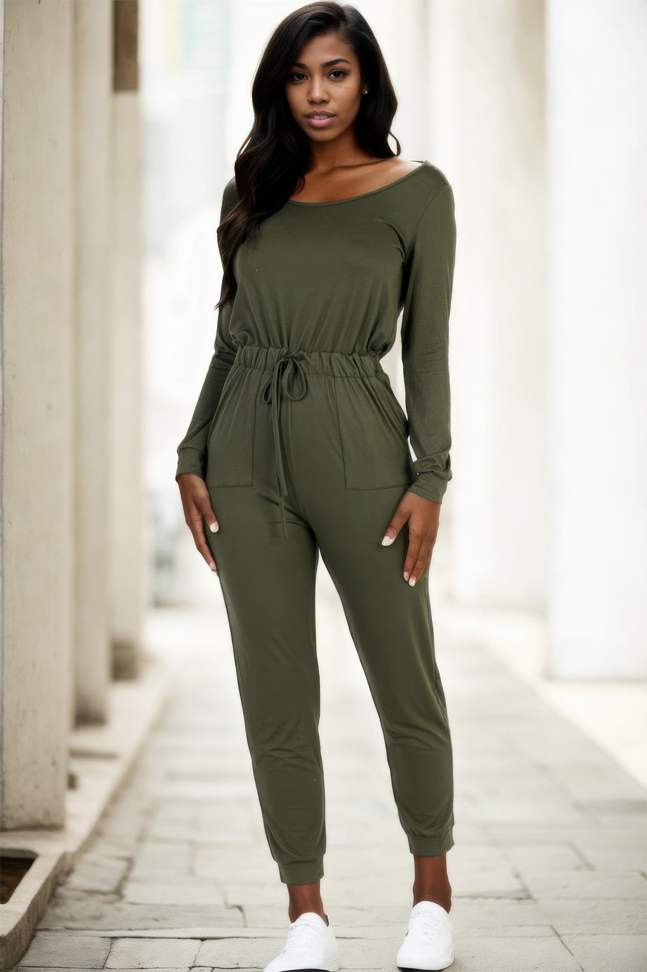 Long Sleeve Jumpsuit With Waist Drawstring