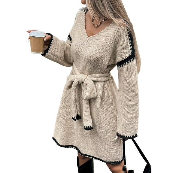 Tie-Waist Loose Knitted V-Neck Long Sleeved Autumn Dress Contrast Sleeves Pullover Sweater Dress S