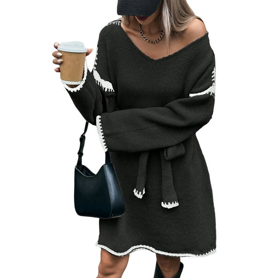 Tie-Waist Loose Knitted V-Neck Long Sleeved Autumn Dress Contrast Sleeves Pullover Sweater Dress Black S