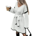 thumbnail image 1 of Tie-Waist Loose Knitted V-Neck Long Sleeved Autumn Dress Contrast Sleeves Pullover Sweater Dress White S, 1 of 9