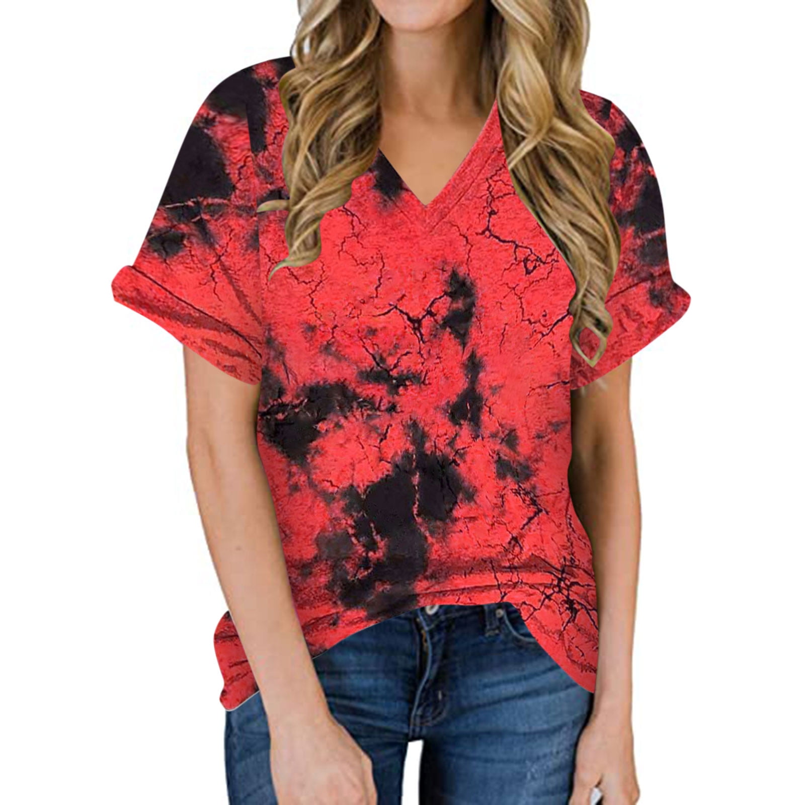 Tie-dye Casual Tees Shirt for Women V-neck Tunic Top Fashion Printed  Workwear Summer Soft Comfy Loose Pullovers 