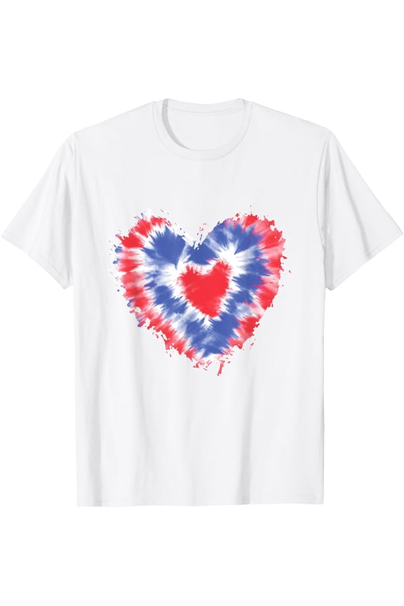 Tie dye Heart USA Flag Colors Blue Red & white 4th Of July T-ShirtMen and women, White T-shirt, size: Extra large