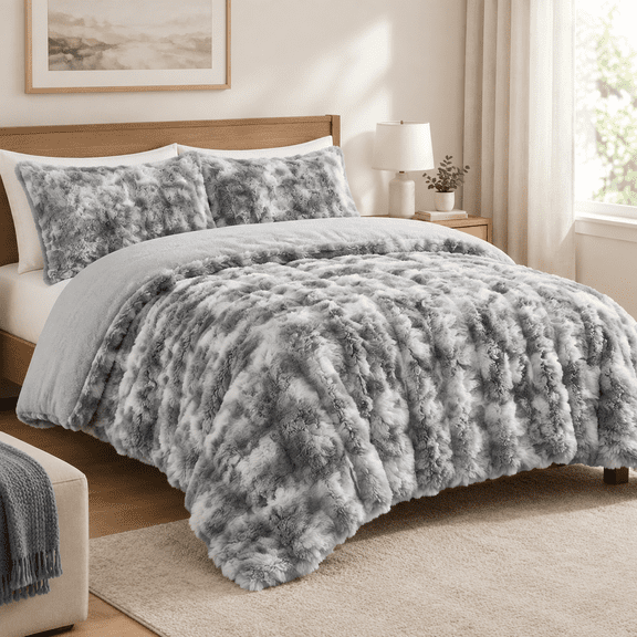 Tie-dye Light Grey Faux Rabbit Queen Comforter Set (90"x90")