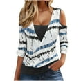 thumbnail image 1 of Tie-dye Long Sleeve Tops Womens V Neck Wrap Tee Shirts Fake 2-piece Cold Shoulder Fashion Fall Spring T-shirts (S, Blue), 1 of 6