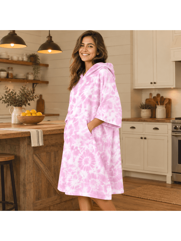 Tie-dye Pink Terry Cloth Swim Poncho Changing Robe Cover Up with Pocket for Beach Pool