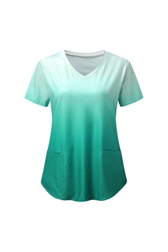 Tie dye Printed Scrub Tops Women V-Neck Working Uniform T-Shirt Comfortable Durable Scrub Top Short Sleeve Tops with Pockets