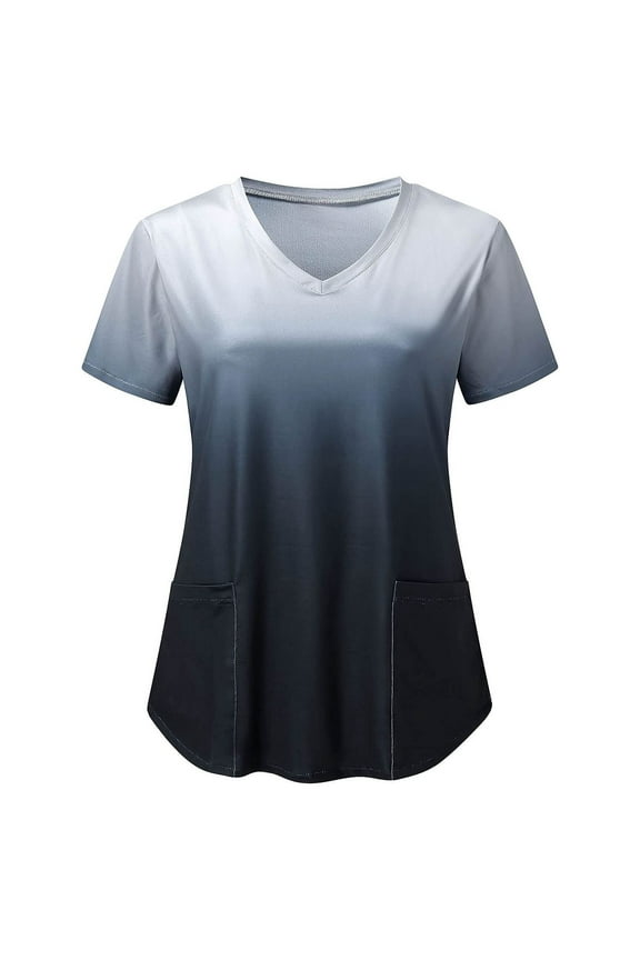 Tie dye Printed Scrub Tops Women V-Neck Working Uniform T-Shirt Comfortable Durable Scrub Top Short Sleeve Tops with Pockets