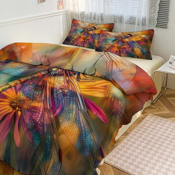 Tie-dyed Dragonfly And Sunflowers Duvet Cover King&Queen Size Soft 3 Pieces Set 1 Duvet Cover and 2 Pillow Shams with Zipper Closure 79"x90"