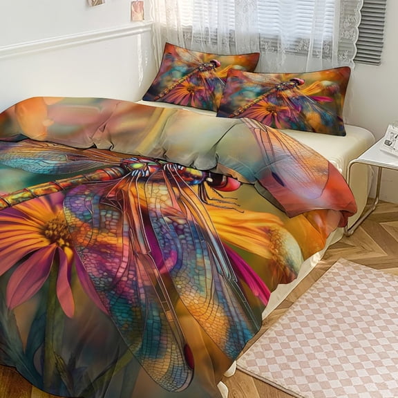 Tie-dyed Dragonfly And Sunflowers Duvet Cover King&Queen Size Soft 3 Pieces Set 1 Duvet Cover and 2 Pillow Shams with Zipper Closure 86"x70"
