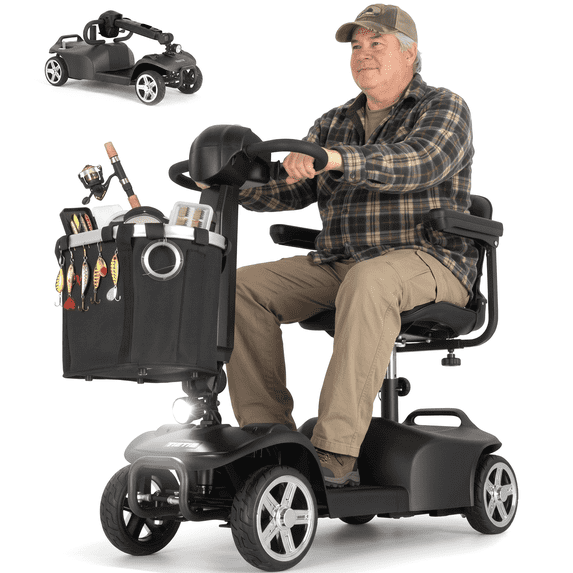 TieTie 4-Wheel Mobility Scooter for Adults & Seniors, Foldable, 250W Motor, Long Battery Life, Comfort Swivel Seat, Detachable Basket, USB Port & LED Light, 265 lbs Capacity, Black