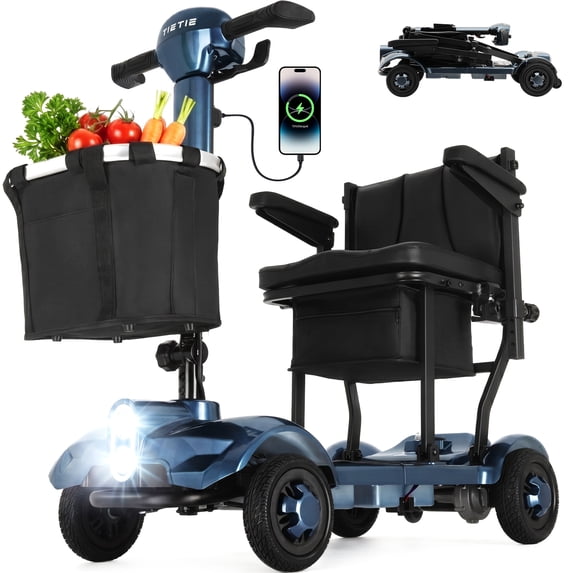 TieTie 4-Wheel Mobility Scooter for Adults & Seniors, Foldable, 270W Motor, 5 MPH, Long-Range Battery, 3 Storage Baskets & USB, LED Lights, 265 lbs Cap, Only 50.7 lbs