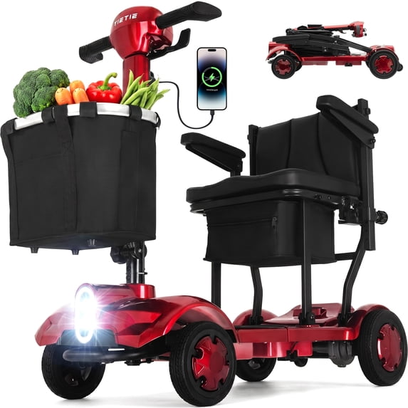 TieTie 4-Wheel Mobility Scooter for Adults & Seniors, Foldable, 270W Motor, 5 MPH, Long-Range Battery, 3 Storage Baskets & USB, LED Lights, 265 lbs Cap, Only 50.7 lbs