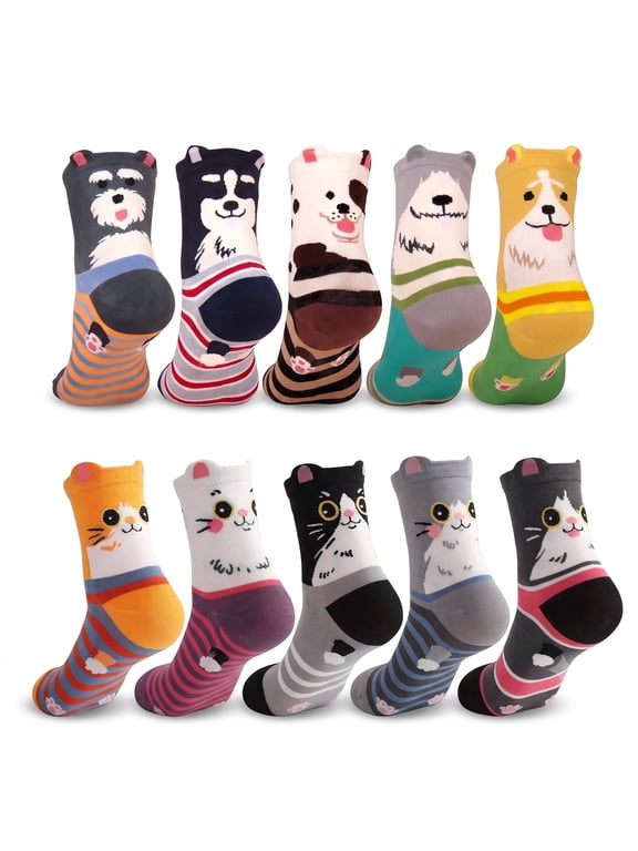 10 Pairs Womens Cute Socks, Cotton Crew Socks Cat Dog Cartoon Animal Print, Funny Novelty Soft Socks for Women Girl Gift