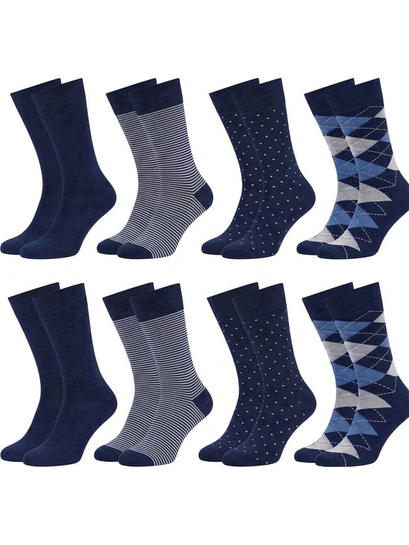 8 Pairs Mens Dress Crew Socks, Cotton Work Business Casual Classic Socks, Soft Breathable Mid Calf Socks Navy