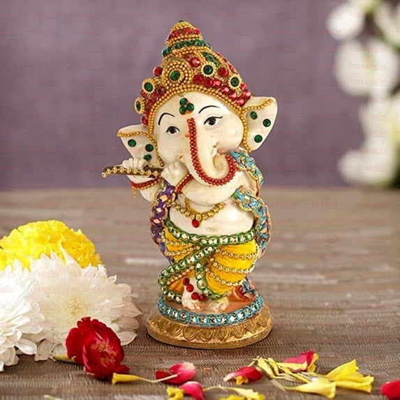 Tied Ribbons Ganesh Statue (5.5" x 2.3", Multicolor) - Ganesha Idol for Home Decor