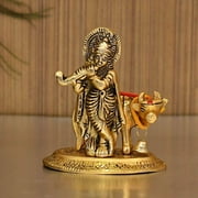 Tied Ribbons Krishna with Cow Brass Statue Hindu God Idol for Pooja Mandir Home Decoration Gift Item