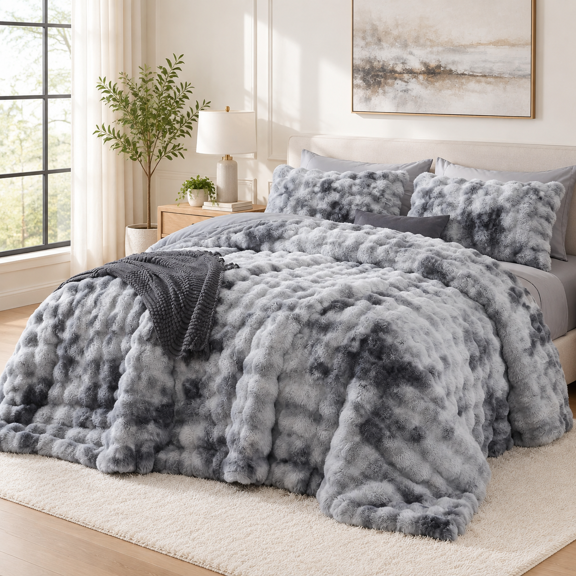 Tiedyegrey King 7 Piece Faux Rabbit Fluffy Bed-in-a-Bag Comforter Set