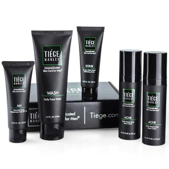 Tiege Hanley Men's Acne Skincare System Level 2 with Face Wash, SPF AM Moisturizer, Exfoliating Scrub, 1.6% Salicylic Acid Cream