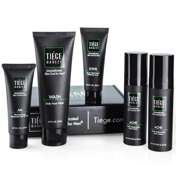 Tiege Hanley Men's Acne Skincare System Level 2 with Face Wash, SPF AM Moisturizer, Exfoliating Scrub, 1.6% Salicylic Acid Cream