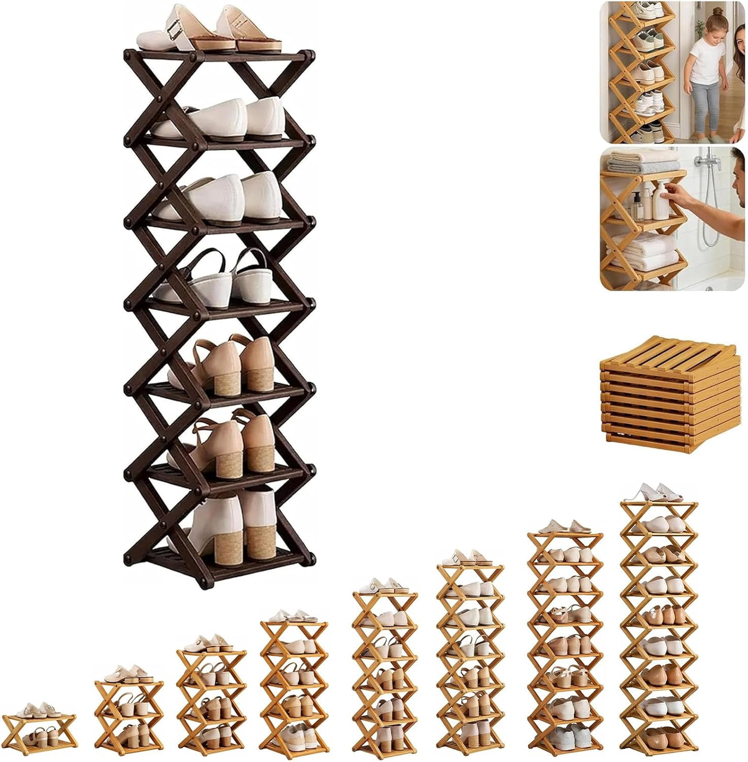 Tier Bamboo Shoe Rack, 2-9 Tiers Natural or Tea Color Foldable Shoe Rack Organizer, No-Tool Assembly Required with Strong Load-Bearing Capacity for Indoor