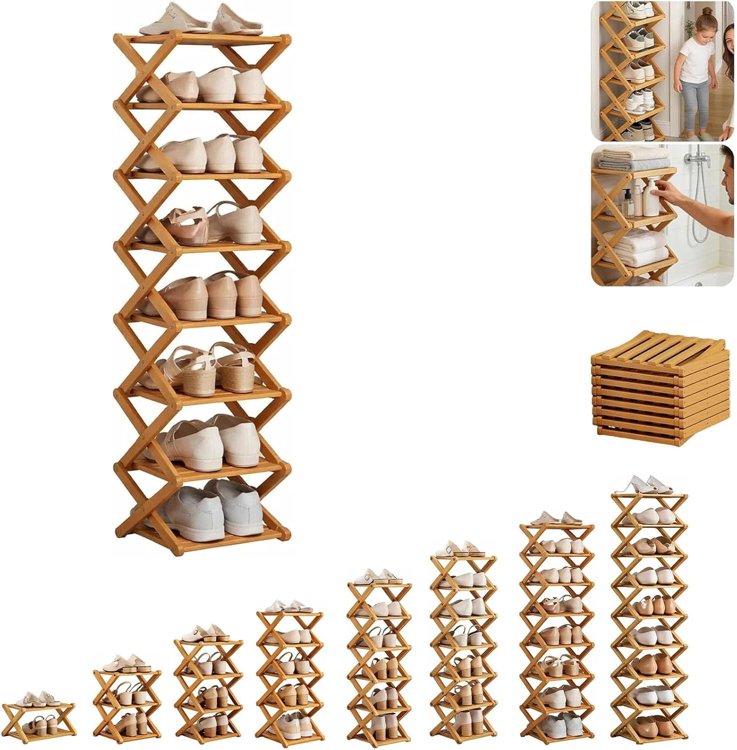 Tier Bamboo Shoe Rack, 2-9 Tiers Natural or Tea Color Foldable Shoe Rack Organizer, No-Tool Assembly Required with Strong Load-Bearing Capacity for Indoor