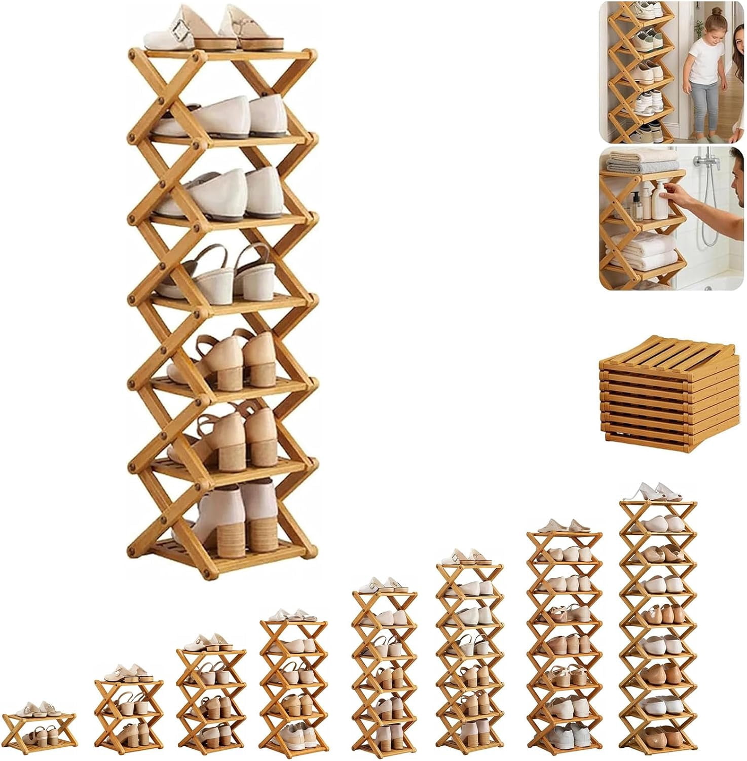 Tier Bamboo Shoe Rack, 2-9 Tiers Natural or Tea Color Foldable Shoe Rack Organizer, No-Tool Assembly Required with Strong Load-Bearing Capacity for Indoor