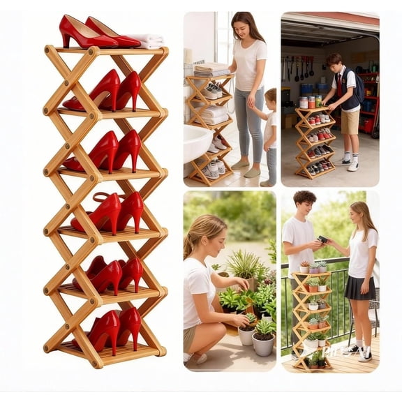 Tier Bamboo Shoe Rack, No Installation Required, Foldable Shoe Rack, Multi-Layered Storage, Strong Load-Bearing Capacity, Space-Saving, for Balcony Entryway Closet Dorm (The Ninth Floor.,Log Color)