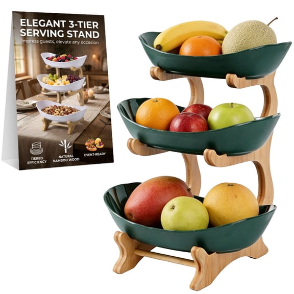 Tier Countertop Organizer, Fruit Bowl with Bamboo Wood Stand for Kitchen Counter, Snack Dessert Cake Tray Plate Rack for Party Wedding, Basket for Vegetable Storage, Salad Buffet Server