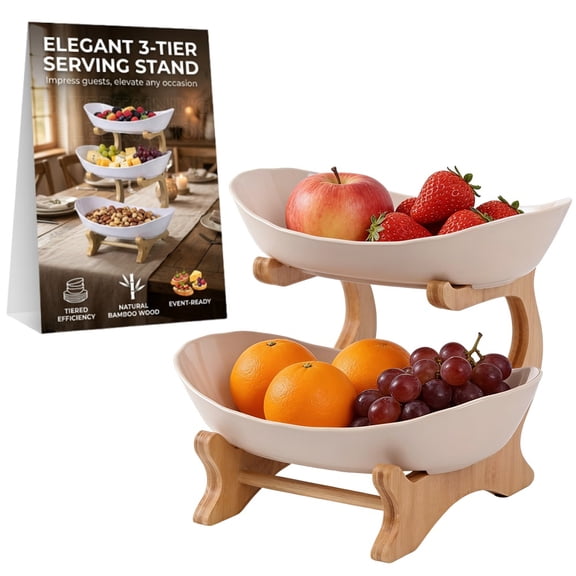 Tier Countertop Organizer, Fruit Bowl with Bamboo Wood Stand for Kitchen Counter, Snack Dessert Cake Tray Plate Rack for Party Wedding, Basket for Vegetable Storage, Salad Buffet Server