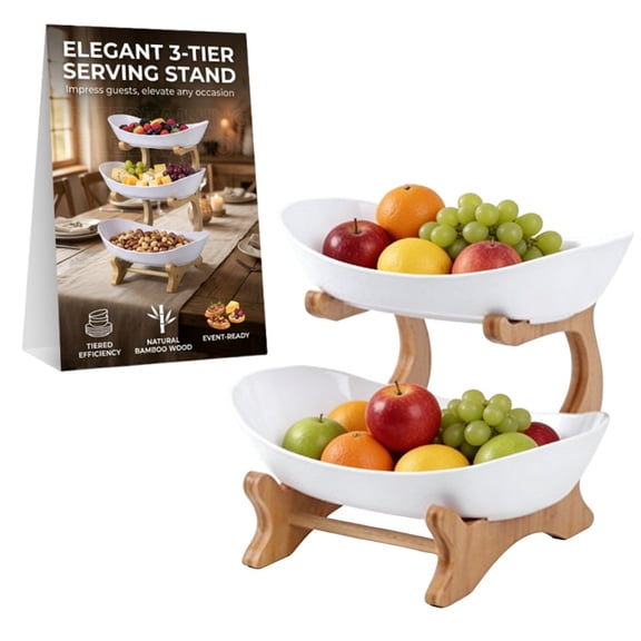 Tier Countertop Organizer, Fruit Bowl with Bamboo Wood Stand for Kitchen Counter, Snack Dessert Cake Tray Plate Rack for Party Wedding, Basket for Vegetable Storage, Salad Buffet Server