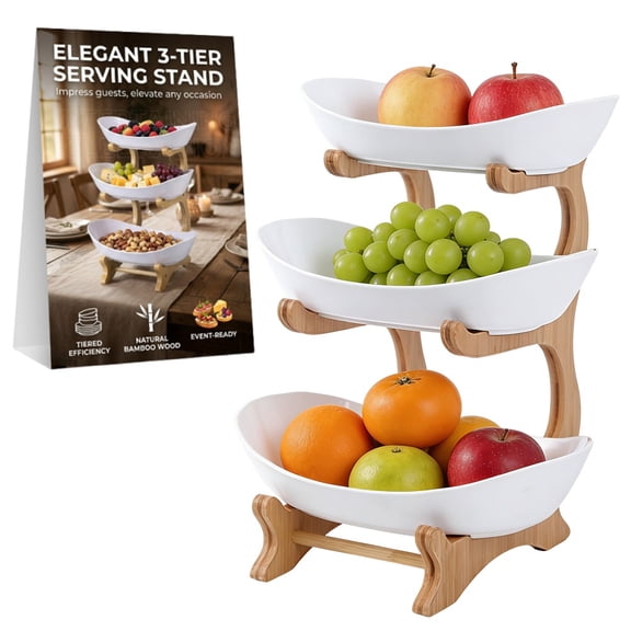 Tier Countertop Organizer, Fruit Bowl with Bamboo Wood Stand for Kitchen Counter, Snack Dessert Cake Tray Plate Rack for Party Wedding, Basket for Vegetable Storage, Salad Buffet Server
