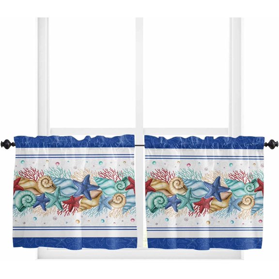 Tier Curtains 24 Inch Length Short Curtains for Windows Rod Pocket Cafe Curtain Farmhouse Curtain Tiers for Kitchen Bathroom 27.5x24inch, Summer Ocean Starfish Conch Shell Coral Blue,2 Panels