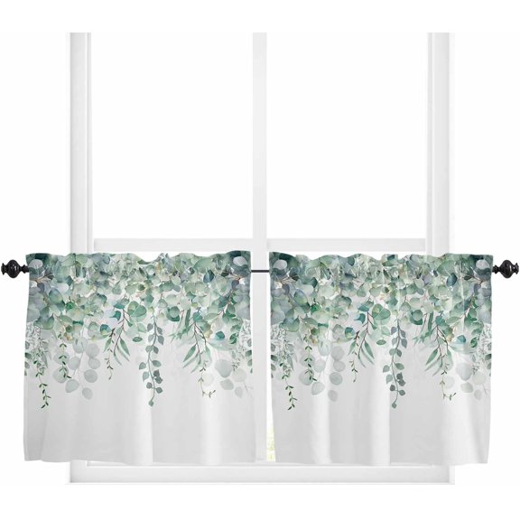 Tier Curtains 24 Inch Length Short Curtains for Windows Rod Pocket Cafe Curtain Farmhouse Curtain Tiers for Kitchen Bathroom 27.5x24inch, Watercolor Spring Plant Eucalyptus Leaves Green,2 Panels