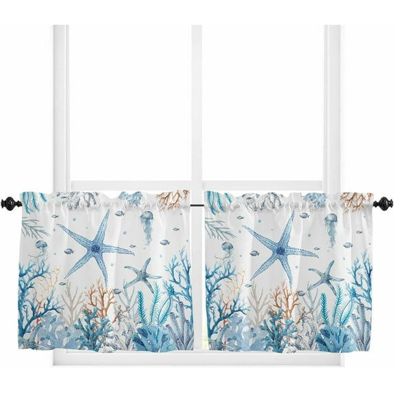 Tier Curtains 36 Inch Length Short Curtains for Windows Rod Pocket Cafe Curtain Farmhouse Curtain Tiers for Kitchen Bathroom 27.5x36inch, Summer Ocean Starfish Coral White,2 Panels