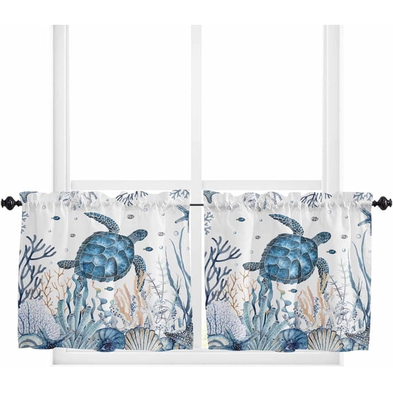 Tier Curtains 36 Inch Length Short Curtains for Windows Rod Pocket Cafe Curtain Farmhouse Curtain Tiers for Kitchen Bathroom 27.5x36inch, Summer Ocean Turtle Coral Shell Conch Starfish White,2 Panels
