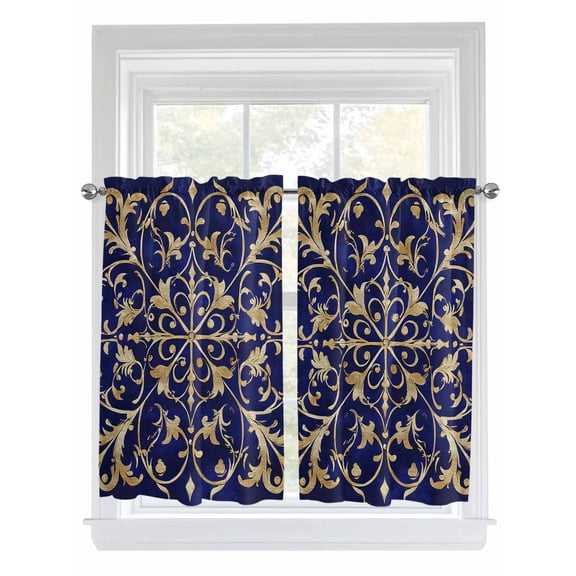Tier Curtains 45 Inches Long, Abstract Blue Gold Window Treatment Curtain Drapes, Luxurious Traditional Flower Leaf Window Half Privacy Curtains for Bedroom Bathroom, 42"x45", 2 Panels