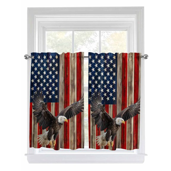 Tier Curtains 45 Inches Long, American Flag Window Treatment Curtain Drapes, Eagle Blue Red USA Flag Retro Small Curtain Drapes for Bathroom Laundry Room, 27.5"x45", 2 Panels