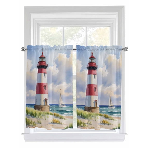 Tier Curtains 45 Inches Long, Beach Lighthouse Window Treatment Curtain Drapes, Coastal Ocean Ship Sky Oil Painting Small Curtain Drapes for Bathroom Laundry Room, 27.5"x45", 2 Panels