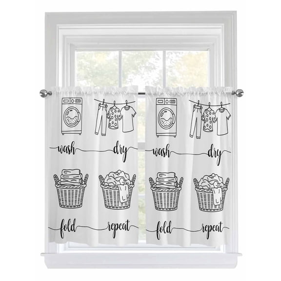 Tier Curtains 45 Inches Long, Black White Window Treatment Curtain Drapes, Cartoon Farmhouse Retro Small Curtain Drapes for Bathroom Laundry Room, 27.5"x45", 2 Panels