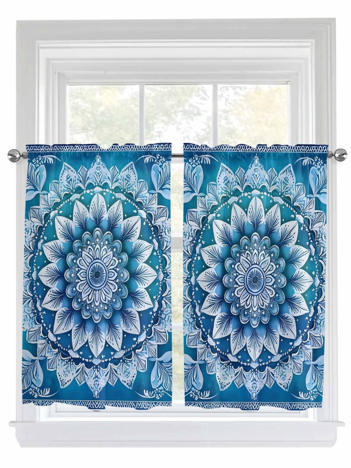 Window Motivs Tier Curtains 45 Inches Long, Blue Boho Floral Window Treatment Curtain ...