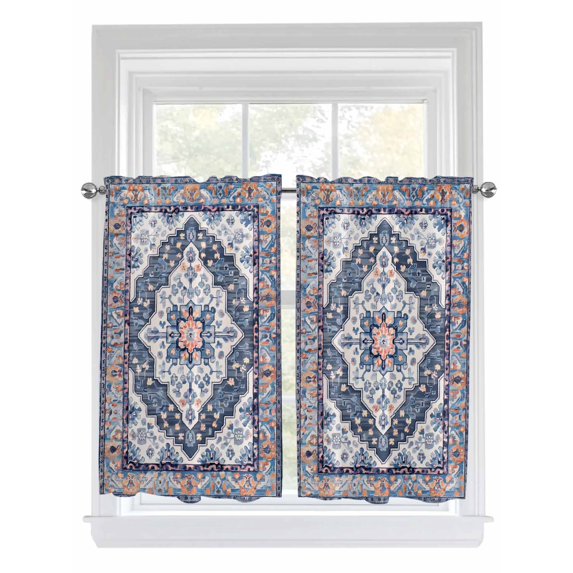 Tier Curtains 45 Inches Long, Blue Boho Window Treatment Curtain Drapes, Ethnic Geometric Middle Century Art Window Half Privacy Curtains for Bedroom Bathroom, 42"x45", 2 Panels