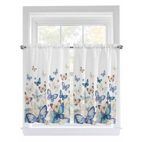 Tier Curtains 45 Inches Long, Blue Butterfly Farmhouse Window Treatment Curtain Drapes, Spring Pastoral Butterflies Window Half Privacy Curtains for Bedroom Bathroom, 42"x45", 2 Panels