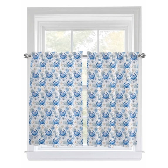 Tier Curtains 45 Inches Long, Blue Crab Coastal Window Treatment Curtain Drapes, Summer Beach Nautical Starfish Window Half Privacy Curtains for Bedroom Bathroom, 42"x45", 2 Panels
