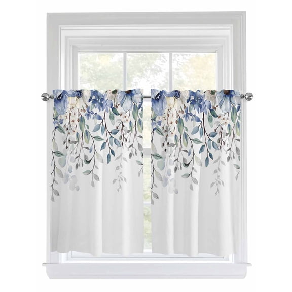 Tier Curtains 45 Inches Long, Blue Eucalyptus Window Treatment Curtain Drapes, Farmhouse Flowers Leaf White Watercolor Small Curtain Drapes for Bathroom Laundry Room, 27.5"x45", 2 Panels