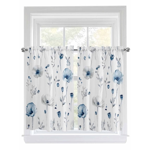 Tier Curtains 45 Inches Long, Blue Floral Spring Window Treatment Curtain Drapes, Farmhouse Poppy Botanical Small Curtain Drapes for Bathroom Laundry Room, 27.5"x45", 2 Panels