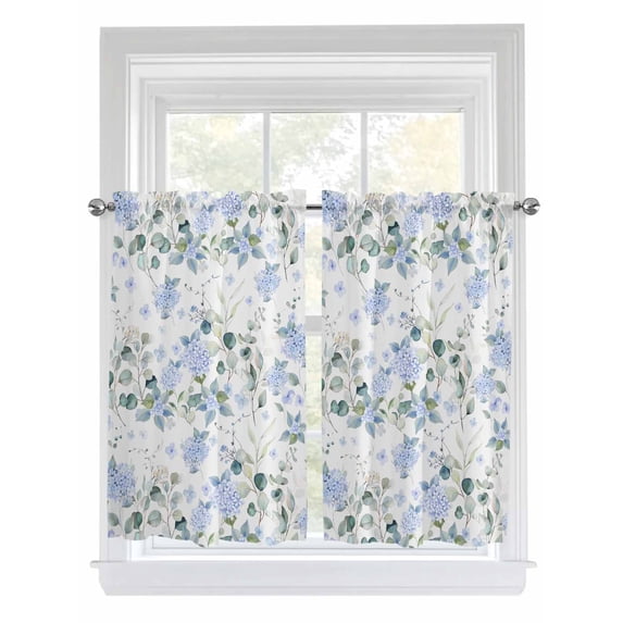 Tier Curtains 45 Inches Long, Blue Flower Window Treatment Curtain Drapes, Sage Green Eucalyptus Leaf Farmhouse Country Window Half Privacy Curtains for Bedroom Bathroom, 42"x45", 2 Panels