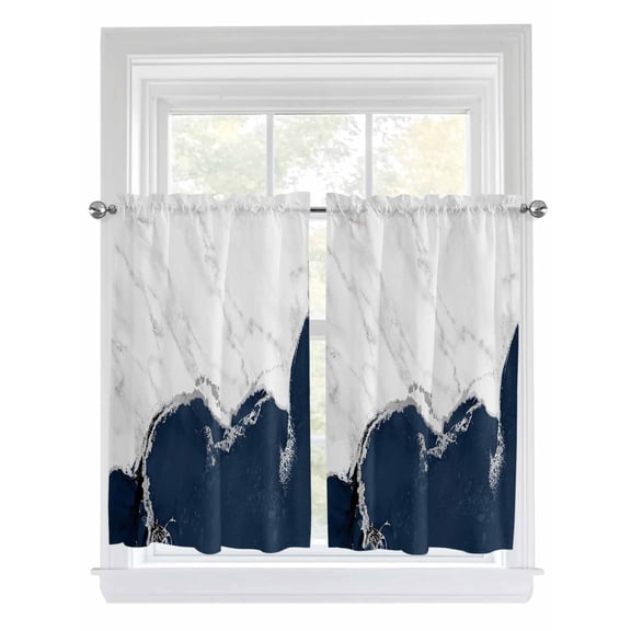 Tier Curtains 45 Inches Long, Blue Marble Crack Window Treatment Curtain Drapes, Modern Abstract Geometric Texture Window Half Privacy Curtains for Bedroom Bathroom, 42"x45", 2 Panels