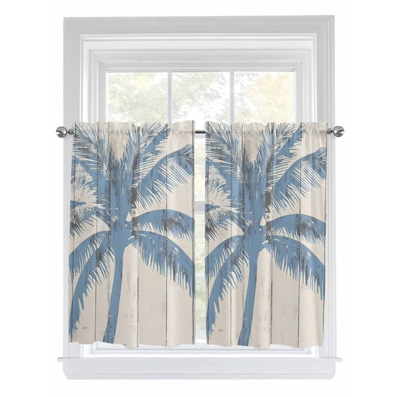 Tier Curtains 45 Inches Long, Blue Palm Tree Window Treatment Curtain Drapes, Coastal Summer Vintage Small Curtain Drapes for Bathroom Laundry Room, 27.5"x45", 2 Panels