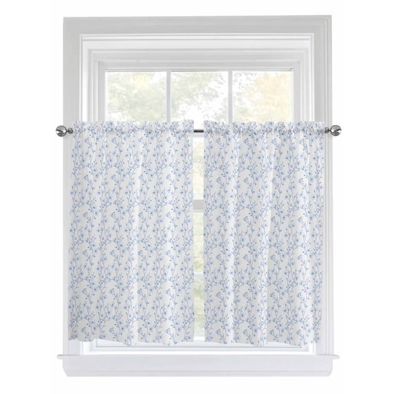 Tier Curtains 45 Inches Long, Blue Spring Floral Window Treatment Curtain Drapes, Elegant Watercolor Summer Botanical Window Half Privacy Curtains for Bedroom Bathroom, 42"x45", 2 Panels