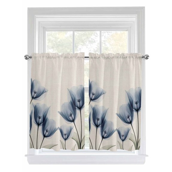 Tier Curtains 45 Inches Long, Blue Tulip Window Treatment Curtain Drapes, Spring Floral Rustic Summer Botanical Window Half Privacy Curtains for Bedroom Bathroom, 42"x45", 2 Panels